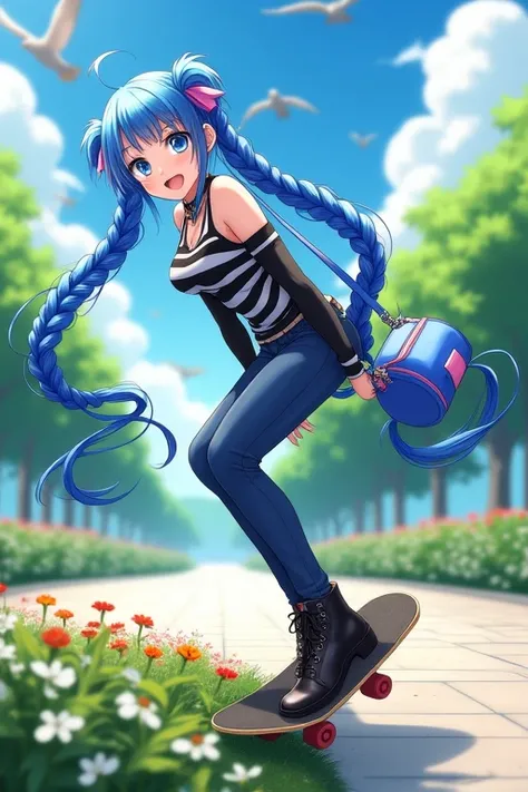 Anime woman com longos cabelos azuis, walking.  light blue eyes, Anime woman, 19 years old, twintails hair, Double braid hair, long hair, beautiful hair, blue hair, sweet look,  looking at the viewer , smile, dynamic pose,  clear and green scenery , square...