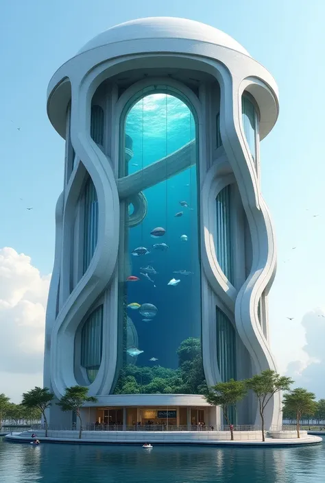  that the tower is not that big, Let it be circular, And that you can see the aquarium , with elevators on the sides, That the aquarium is inside the building.