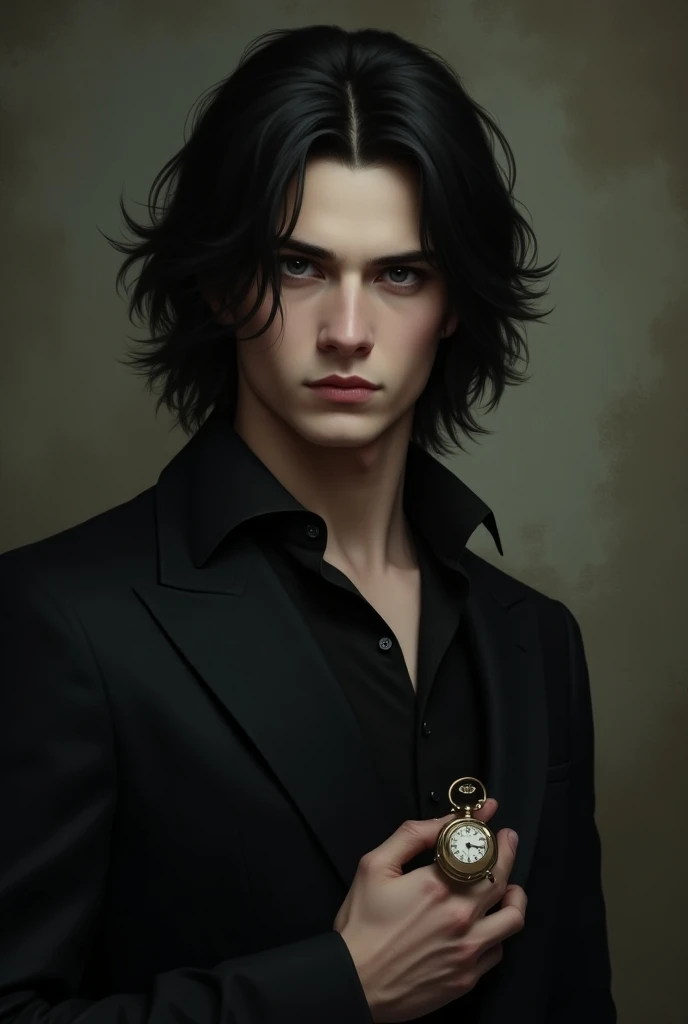 A young man with black shoulder-length black hair. Vampiric handsomeness. Sharp eyes. Serious but intelligent-looking, wearing a pocket watch. Portrait style, victorian.