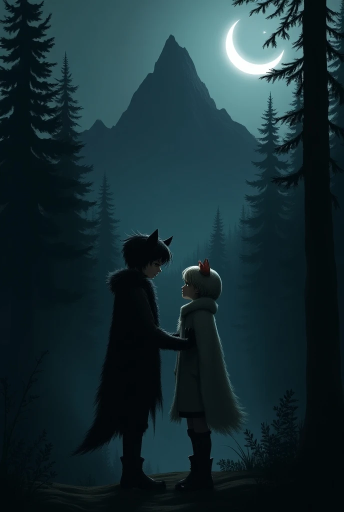  Create a dark background like a pine forest with a mountain and moon in the background .  The main focus being a boy behind a girl holding her shoulders and saying something in her ear.  The boy will have dark hair , silver eyes, He will wear a wolfs skin...