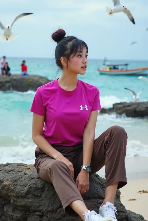 beautiful Indonesian woman , smooth white skin, well-groomed face,Korean style bun hair with bangs, fuchsia t-shirt with UNDERARMOUR logo, Wearing (celana jumpsuit  warna coklat),cool watch, 
white shoes, berfose sitting on a rock, seashore,dikelilingi bur...