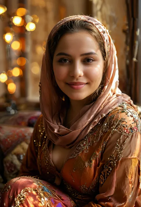 A beautiful woman, big mama, smiling, age 40, indoor sitting, amused, while colorful abaya, hijab adds a vibrant touch against the muted interior, depth of background, voluptuous buxom, wide hips, thick thighs, huge ass, big breast, soft face, delicate loo...