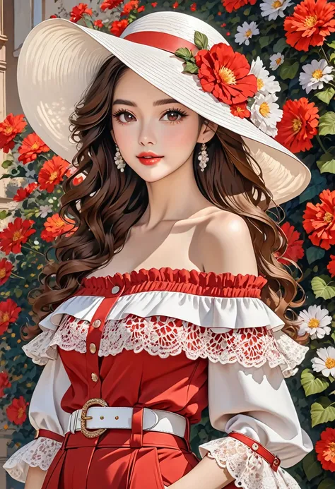 The image shows a woman wearing a stylish, wide-brimmed white hat adorned with flowers. She has long, wavy hair cascading over her shoulders. She is dressed in an off-the-shoulder red top with ruffled lace details and a white belt with a decorative buckle....