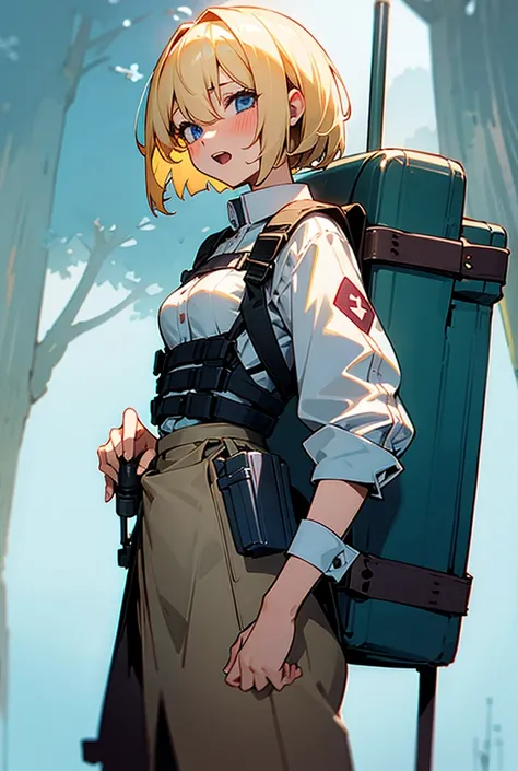 Blonde,  shortcut,  blue eyes,  Blushing ,  bangs between eyes ,  open your mouth ,  show your teeth and laugh , 1 girl, wide angle shot ,Short Hair,Very small breasts,Bob Hair,Very small breasts,M9 handgun equipment ,Background forest, how to hold it is c...