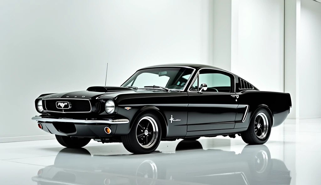 Here is the image of the 1965 Ford Mustang GT 427 in a classic showroom setting. Let me know if youd like any adjustments!The car shining Black 