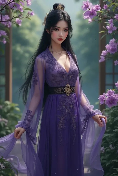 Black-eyed girl with black long hair wearing long hanfu with transparent purple gold embroidery is among purple flowers in the palace garden