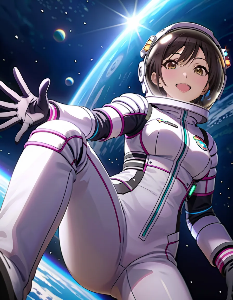 (spacesuit:1.15), white cargo pants, astronaut)bubble helmet, space helmet, gloves , , looking at close at you, outer space, flo...