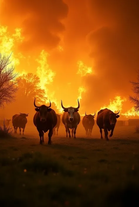 A big fire with lots of cows