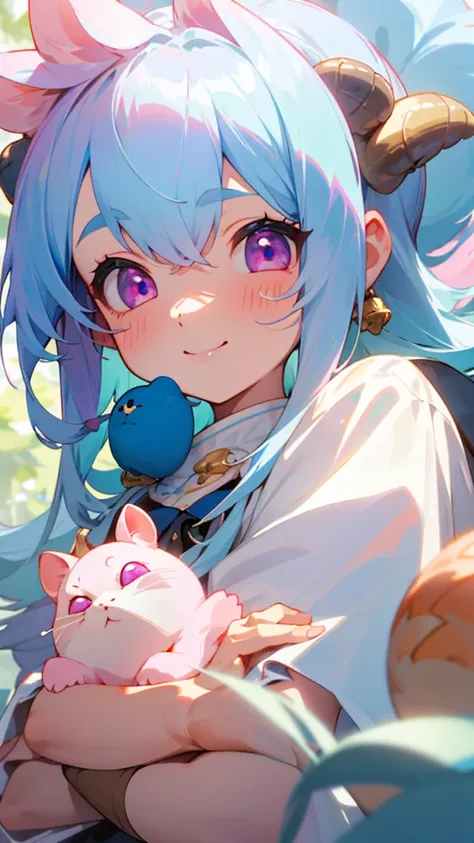 1 Girl、Light blue hair、Pink Eyes、smile、Upper body close-up、Acorns in both nostrils, holding a cute hamster, High Resolution, Masterpiece, High Details, 