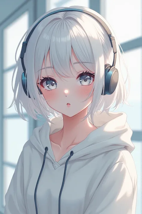 Anime girl with white hair white hoodi with white headphone 