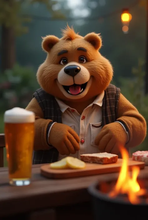 Crée moi une image de l’ours ted en train de manger une cote de bœuf , à coter d’un barbecue avec une biere