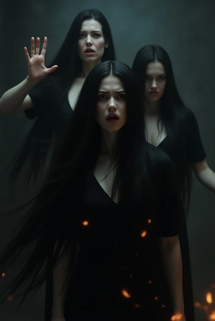 create an image of two identical women with long black hair , But that one is behind the other about to burn it and the other is scared looking in the front and that the photo has a gloomy atmosphere 