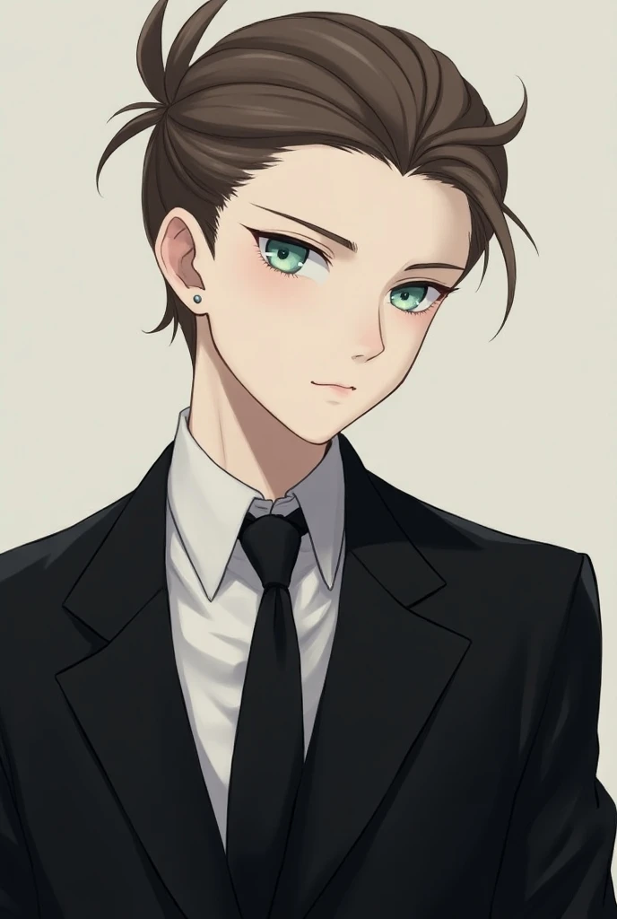 Man-anime-pale skin-coffee-colored hair pulled back -black suit,yeux turquoise pâle claire 