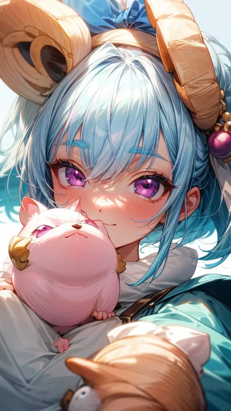 1 Girl、Light blue hair、Pink Eyes、smile、Upper body close-up、Acorns in both nostrils, holding a cute hamster, High Resolution, Masterpiece, High Details, 