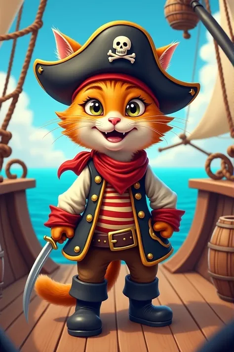 A cat wearing pirates outfits in animated 