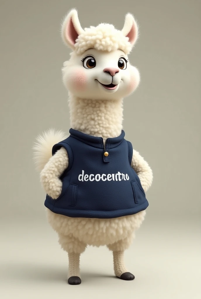 alpaca on two legs to cheer up with dark blue vest that says Descocentro