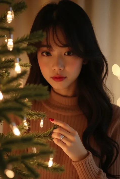 During the day a couple at home decorating the Korean Christmas tree man Kang Tae Mu 24 years old Black hair comma hair straight , black eyes ,Athletic body , strong white skin , Korean pregnant woman  ,Kim Sejeong 21 years old  ,  illuminated dark colored...