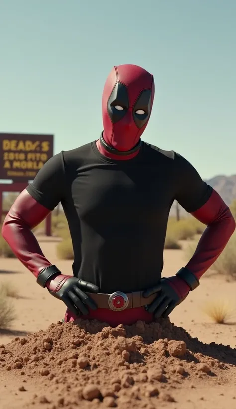 the character Deadpool wearing a plain black t-shirt with his hands on his hips, Arizona desert setting, with a Foxcentury Studios sign in the background of the scene with half buried in the ground, full body