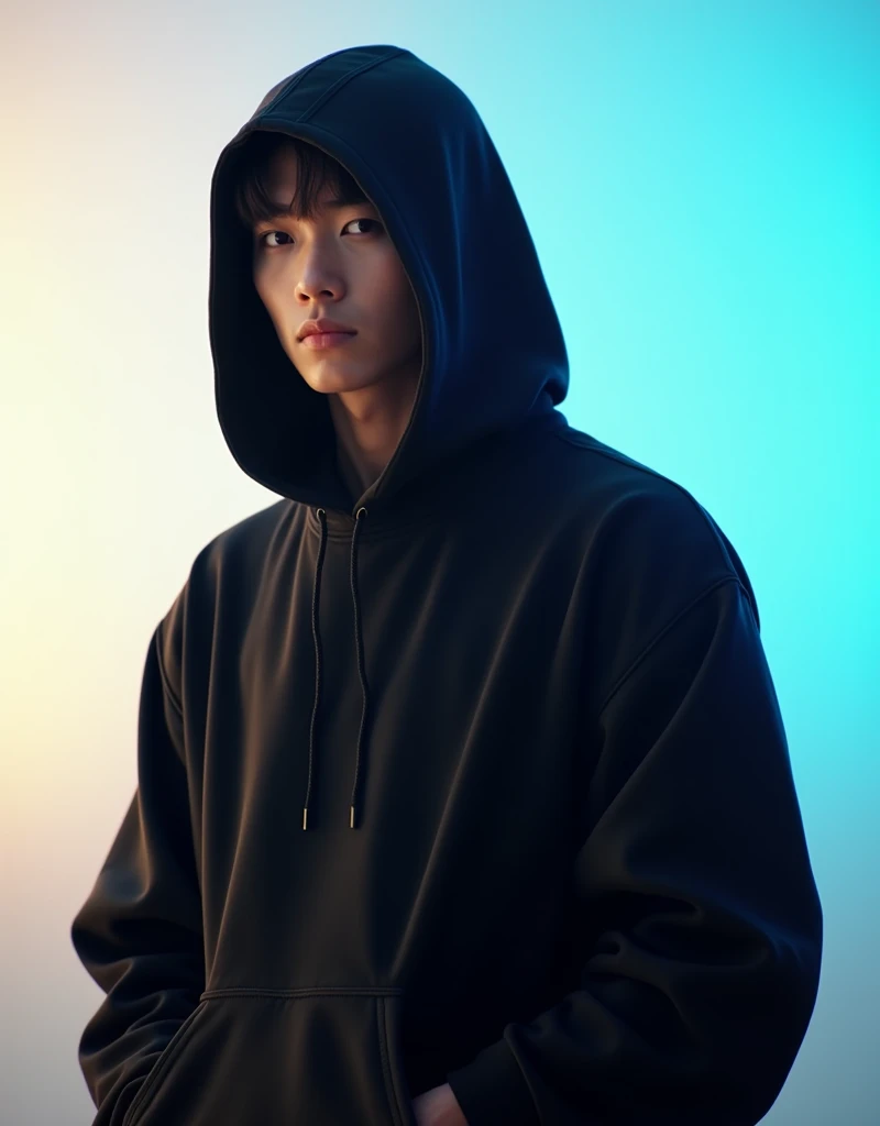 A handsome Korean man stands in a black HOODIE WITHOUT A ZIP with a hood WITHOUT FULL LENGTH LACES,  on BRIGHT
 background