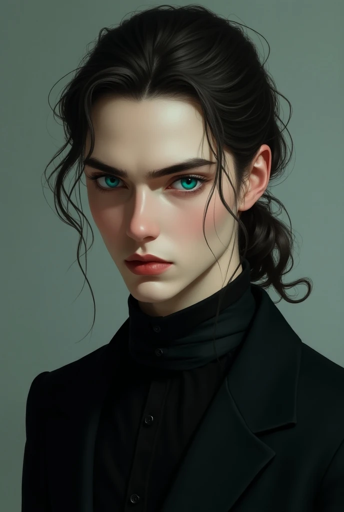 Man-anime-pale skin-dark coffee-colored hair pulled back -black suit,yeux turquoise pâle claire 