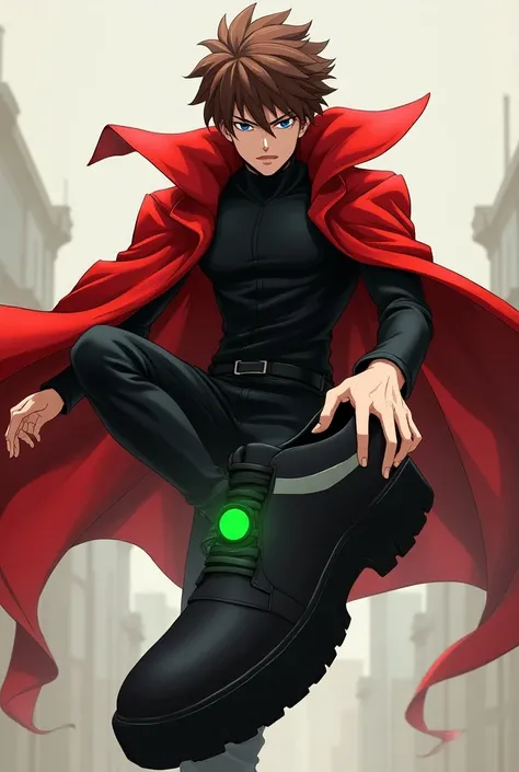 Character with brown hair wearing a red coat takes the black shoe with a green eye with a black outfit conversion anime male version 