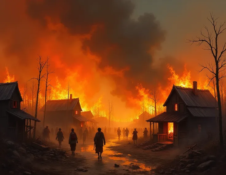 a village consumed by flames of burning fire