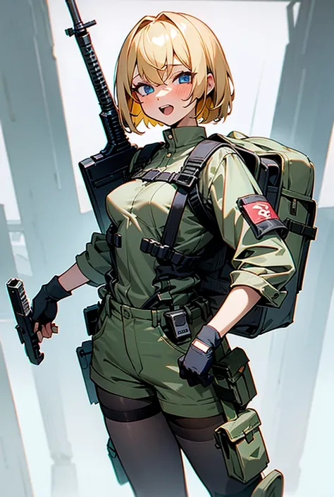 Blonde,  shortcut,  blue eyes,  Blushing ,  bangs between eyes ,  open your mouth ,  show your teeth and laugh , 1 girl, wide angle shot ,Short Hair, very small breasts ,Bob Hair, very small breasts ,M9 handgun equipment ,Background forest, how to hold it ...