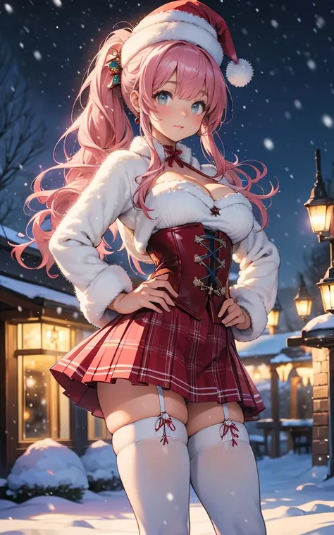 a beautiful young magical girl with extremely large breasts, big cleavage, tight red lace-up corset, red plaid skirt with white faux fur hem, red santa hat with small bell at the end and white faux fur rim, white tight high stockings with lace top, thigh-h...