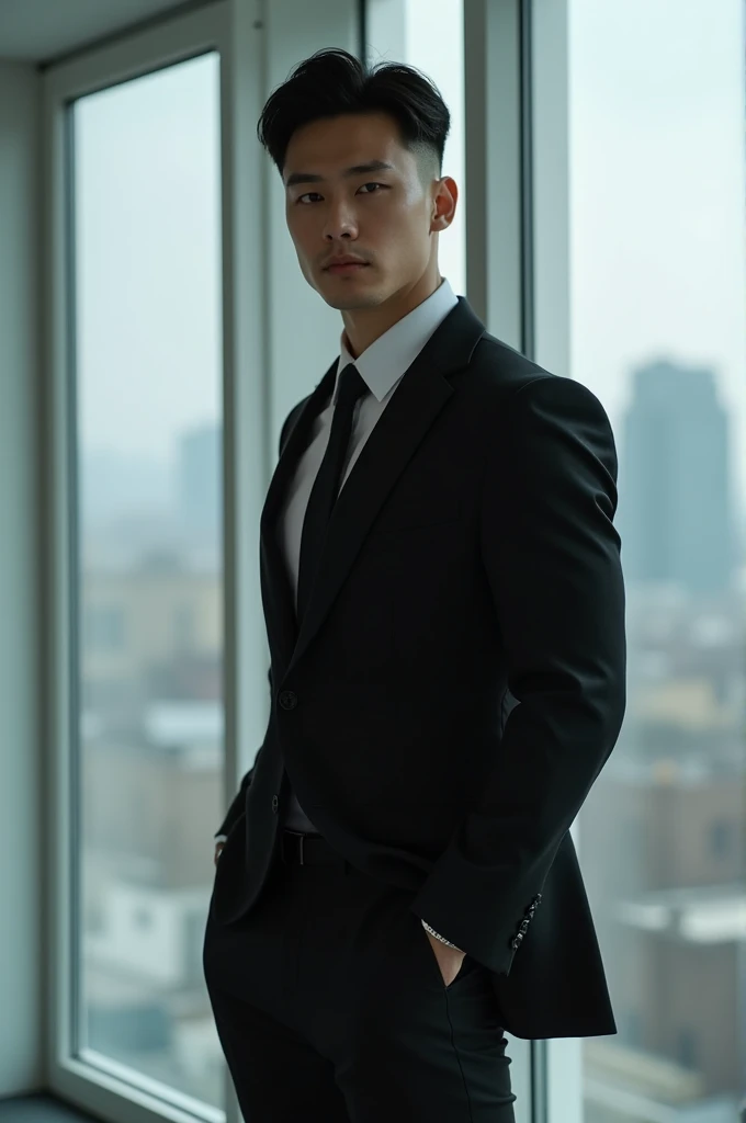 Create a Korean man with a muscular body, dark romance , wearing a black suit,  with a penis inside his thick pants and big hard  ,  in an office with white walls and glass walls overlooking the city , adult photo 