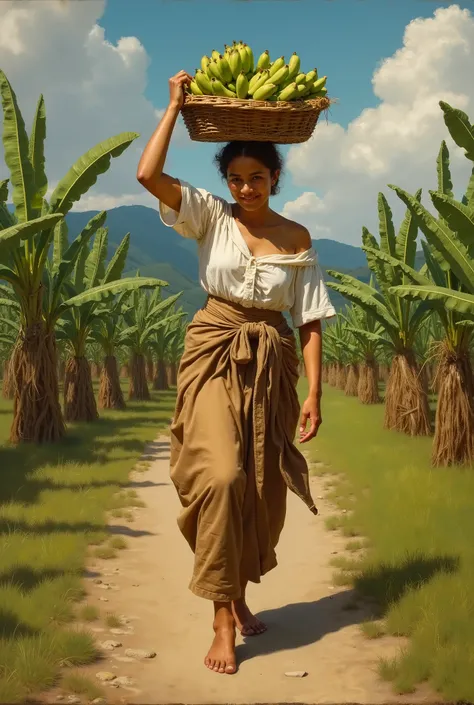  creates a painting in the style of the French painter William Bouguereau a beautiful peasant woman from Huipil  ,walking barefoot holding a basket full of green bananas on her head with one hand  ,  and the Other Hand over her waist  , watching The specta...