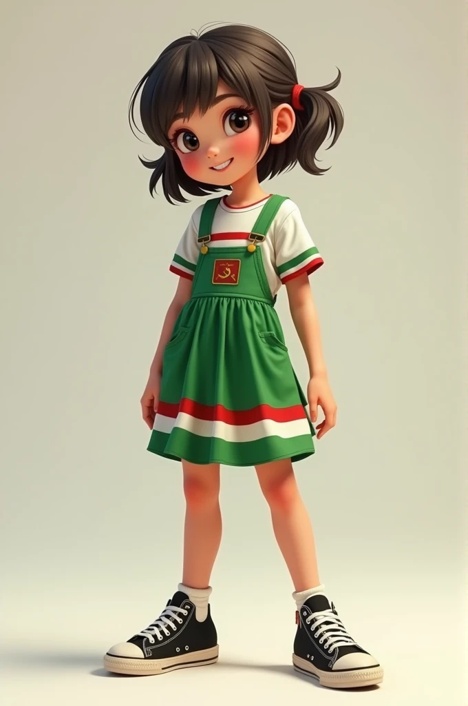  girl wearing green flag jumper skirt, with a green flag band ,  black sneakers