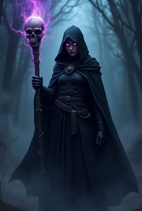 Magic style, 
"Illustrate a powerful dark sorceress in a black hooded cloak, gripping a skull-topped staff charged with glowing purple and blue energy. Her glowing eyes match the color of the lightning sparking from the staff, while her expression is both ...