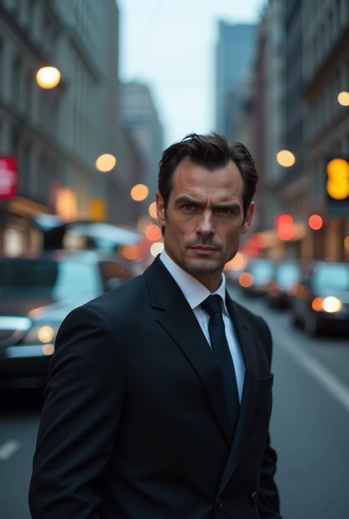 a man with short dark hair and a smooth face without stubble, stands full-length on the street surrounded by glass facades of a metropolis with evening lighting, an elegant pose, a calm look, a luxury limousine with an open door at the back, photorealism, ...