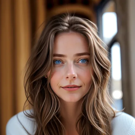 1 personne, (Realistic:1), brown hair, long hair, Iris blue eyes, happy