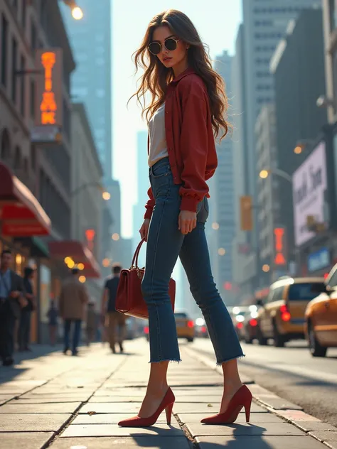 female model on the sidewalk waiting to cross the road carrying a bag