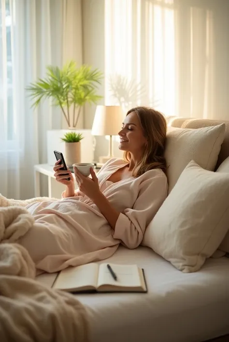 A serene morning scene in a beautifully made bed, with soft, fluffy pillows and a cozy blanket. The influencer is lounging comfortably in a stylish nighty, with their eyes open and a warm smile, holding a steaming cup of coffee or tea while scrolling throu...