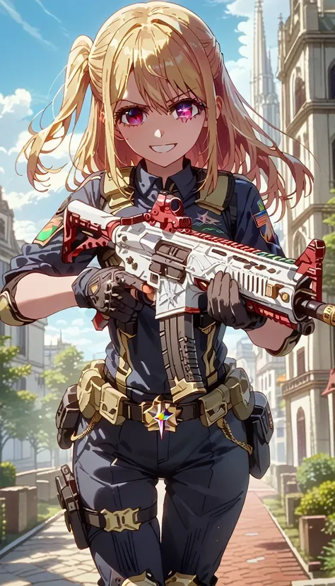 ultra-detailed, 1girl, solo, hoshinoruby, ((masterpiece)), (best quality), (highres), 16K, star-shaped pupils, long hair, one side up, blonde hair, wearing tactical clothes, wearing black panties, black gloves, tactical belt, knee pads, sneakers, busty bod...