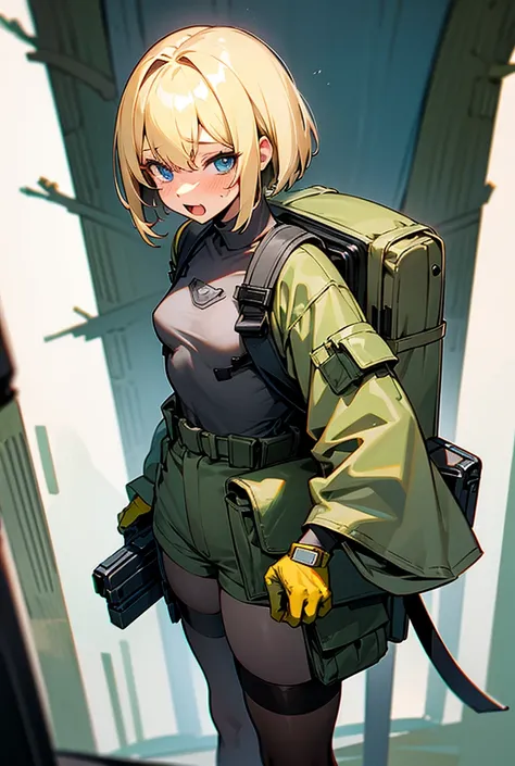 Blonde,  shortcut,  blue eyes,  Blushing ,  bangs between eyes ,  open your mouth ,  show your teeth and laugh , 1 girl, wide angle shot ,Short Hair, very small breasts ,Bob Hair, very small breasts ,M9 handgun equipment ,Background forest,The way you hold...