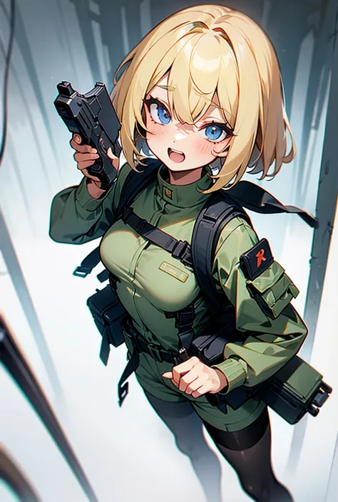 Blonde,  shortcut,  blue eyes,  Blushing ,  bangs between eyes ,  open your mouth ,  show your teeth and laugh , 1 girl, wide angle shot ,Short Hair, very small breasts ,Bob Hair, very small breasts ,M9 handgun equipment ,Background forest,The way you hold...