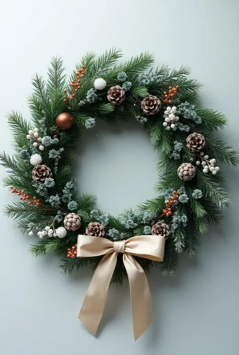 Design an elegant winter wreath filled with botanical details. Use frosted pine cones, eucalyptus, white winter berries, and a touch of red holly berries. Incorporate a soft, rustic bow at the bottom and a hint of snow dusting on the wreath for a sophistic...