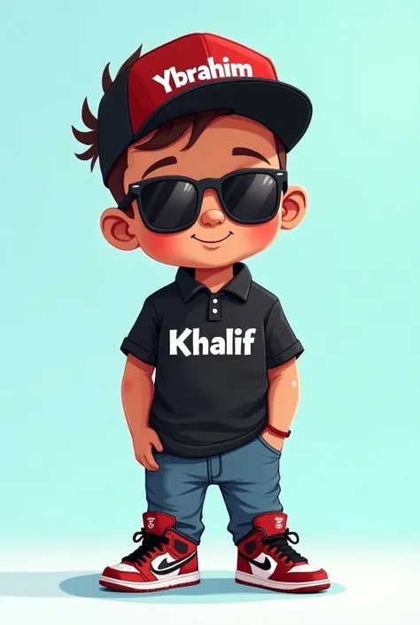 A cute cartoon-style illustration of a young smart hiphop baby boy with a smile front, wearing a black and red polo shirt with a name "khalif" on it. and a jordan 4 shoes on it with name. The baby has sunglasses and a cap with "YBRAHIM" name on it. The bac...