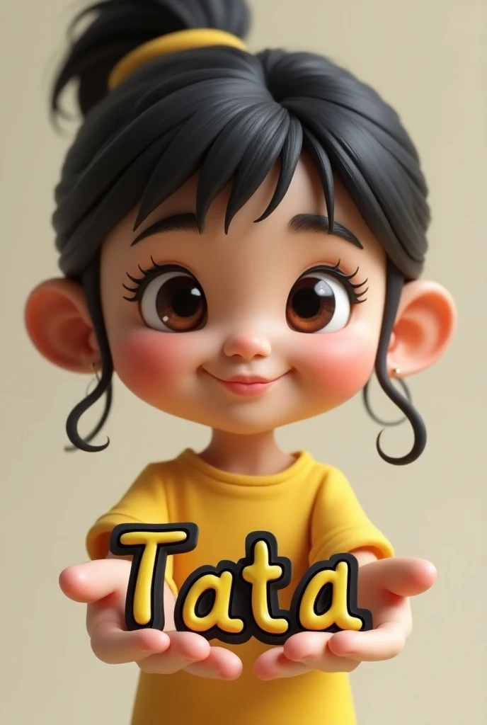 Girls " 3D caricature of a girl, key chain in the palm of the hand. High-quality realistic photo, and there is the name "TATA" in 3D letter style, embossed and realistic, in black yellow, indium white and black, 