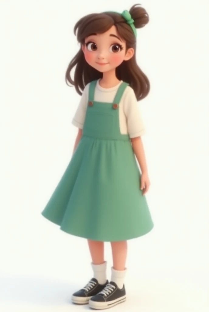 White background  Disney girl wearing plain green knee-length jumper skirt, white blouse , with a green band  ,  black sneakers