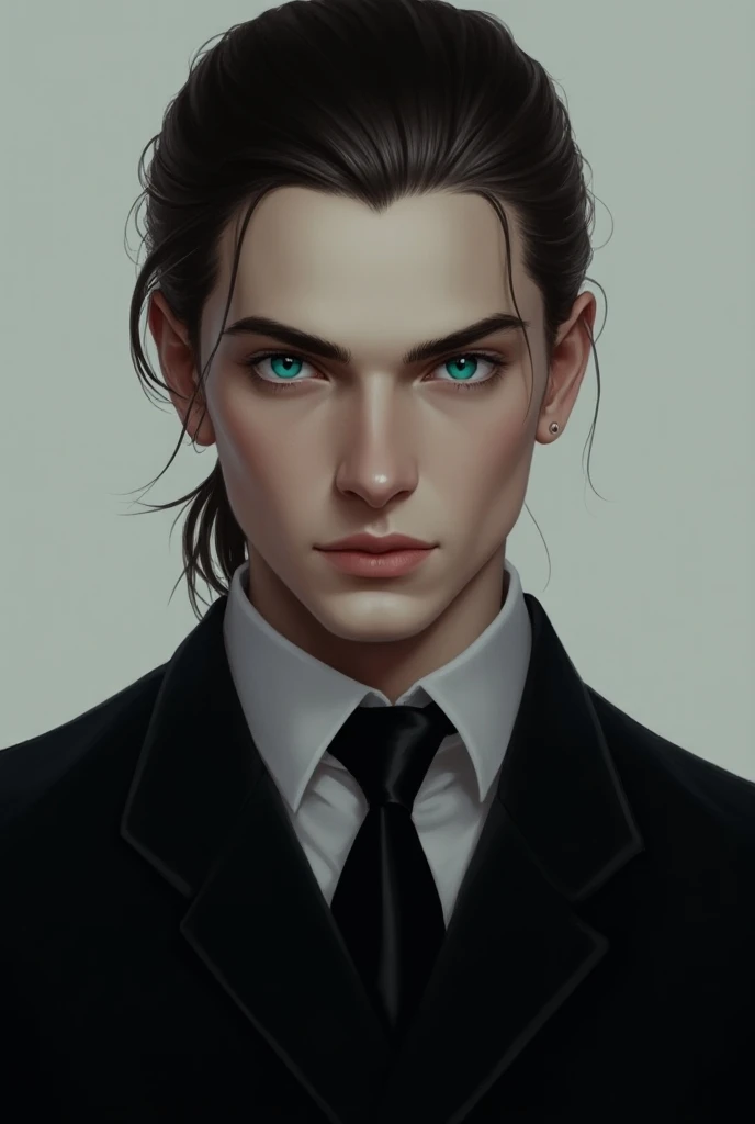 Man-anime-pale skin-dark coffee-colored hair pulled back -black suit,yeux turquoise pâle claire 