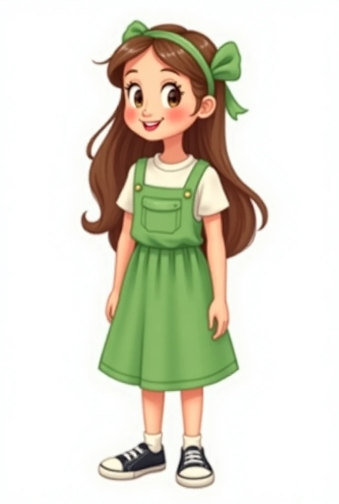 White background  Disney girl with a ribbon with a green knee-length plain jumper skirt, white blouse , with a green band  ,  black sneakers