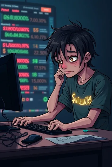 NPC Wojak-style image featuring "Unlucky Degen." The main character is wearing a "$UNLUCKY" shirt must look like homesick or a typical gamer who doesnt come out of his room, he should be staring at the computer screen which is showing the following tokens ...