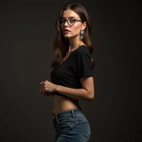 (((Masterpiece: 1.5, Best Quality, High Resolution: 1.3, Super Resolution, Super Detail, Super Detail: 1.3, Rich Background: 1.2))), 1 Girl, Solo, hot and beautiful russian woman , hot lips , sexy pose , eyeglasses , earrings , short black shirt and very t...