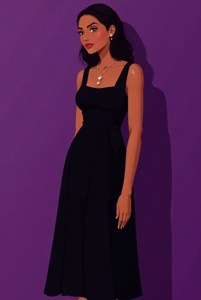 generate a medium tan midsized girl with purple background wearing a black square neckline, A- line dress and a suitable necklace