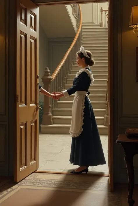 Image of a maid opening the door for a woman 