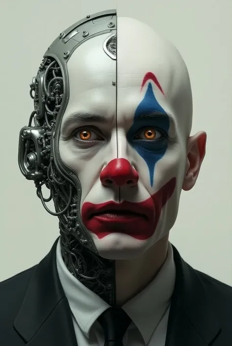 Two-faced man .  half the face of a cyborg and the other half of a sad clown